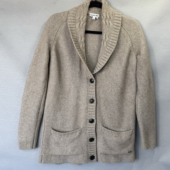 Lacoste Shawl Collar Cardigan Womens M FR 38 Beige Wool Cashmere Rabbit Blend - Picture 1 of 8
